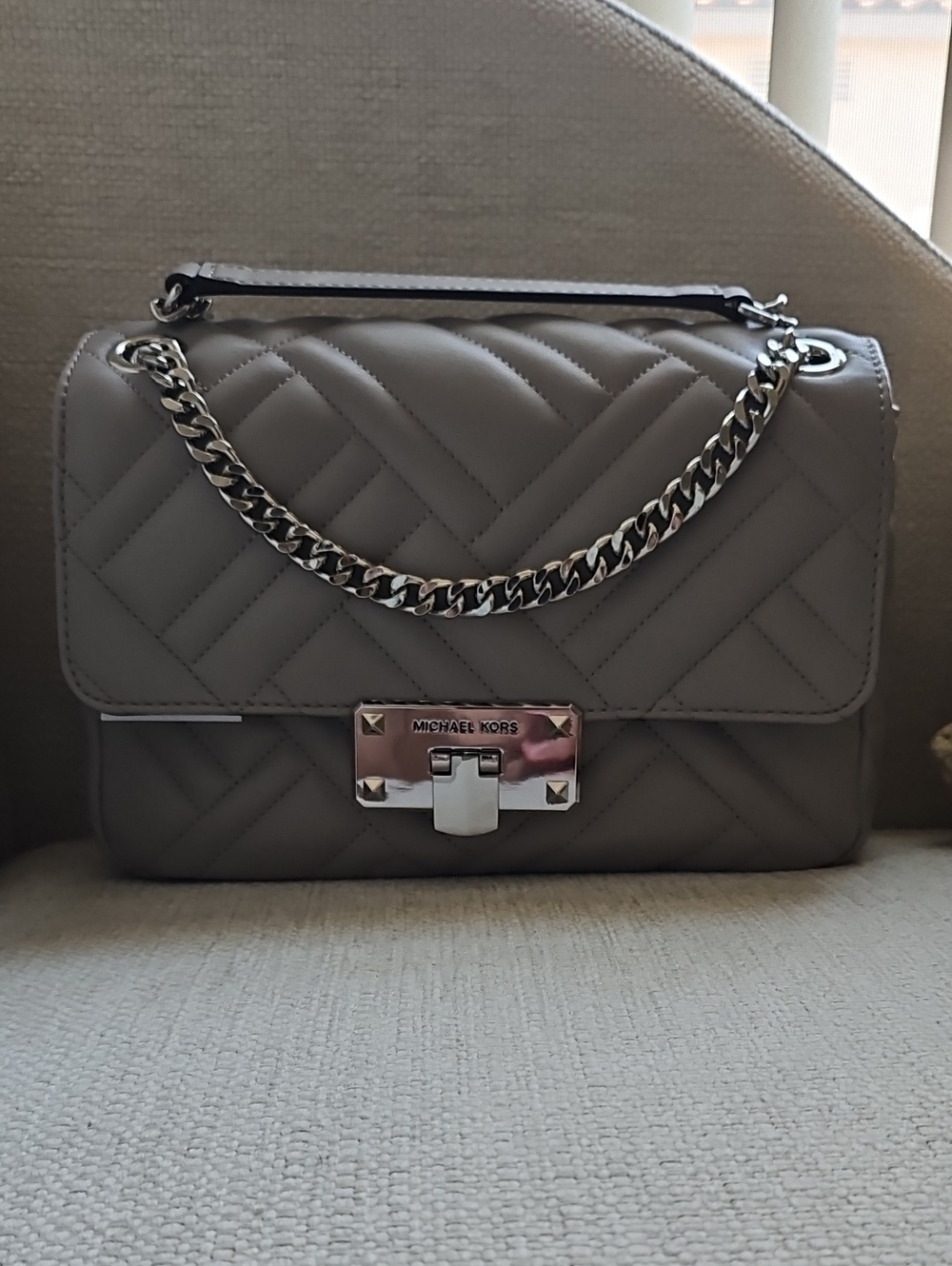 Michael Kors Quilted Gray Shoulder Bag with Silver Chain